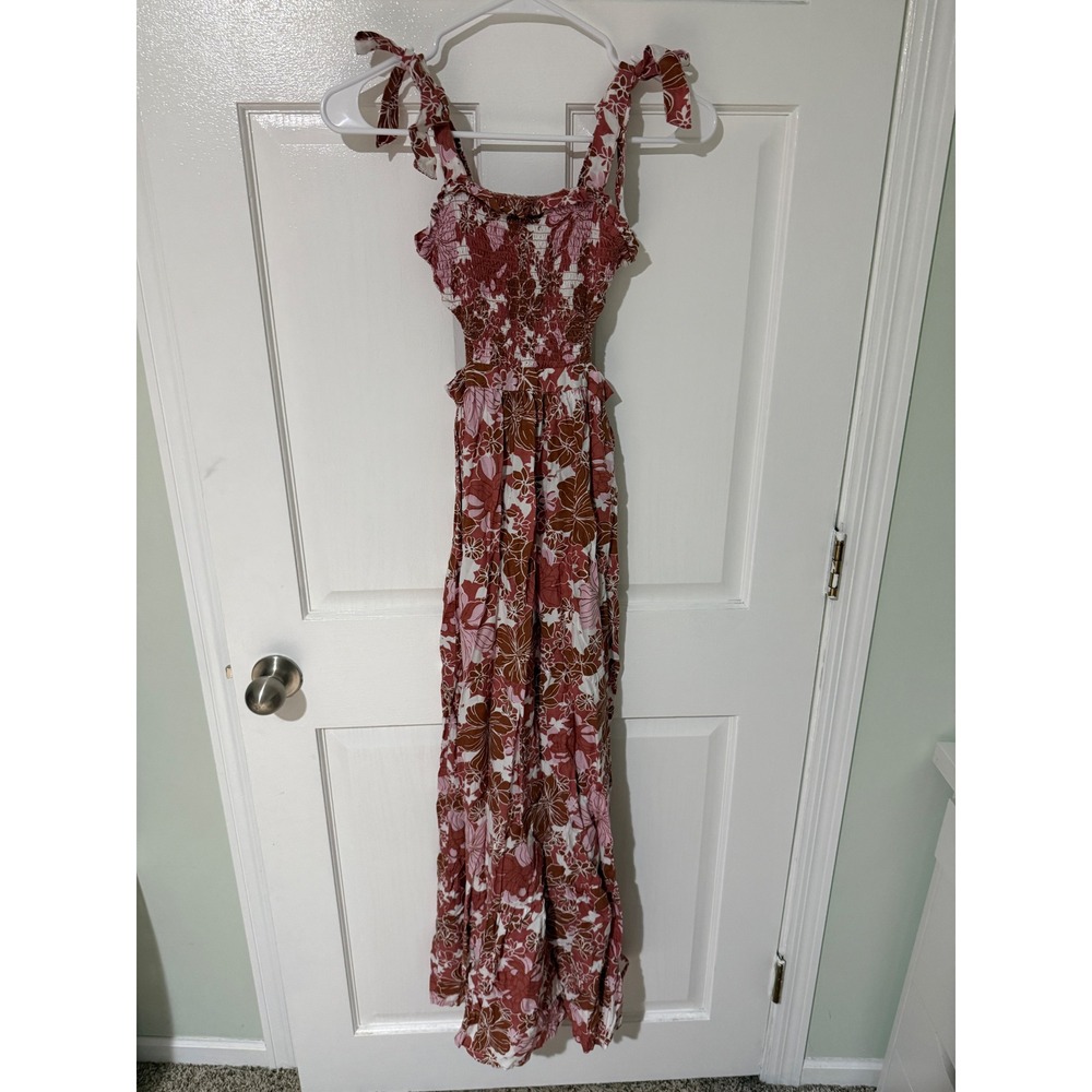 Japana Floral Smocked Cutout Maxi Dress Tie Shoulders Pink Brown XS